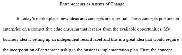 explain and justify how your own concept or idea fits within the context of entrepreneurship or intrapreneurship to create change.