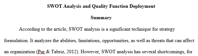 SWOT Analysis and QFD (Quality Function Deployment)