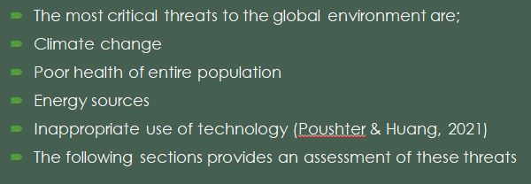 current and potential future impacts of each threat on the global environment